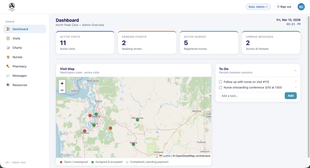 North Peak Care Portal dashboard showing scheduling and patient management